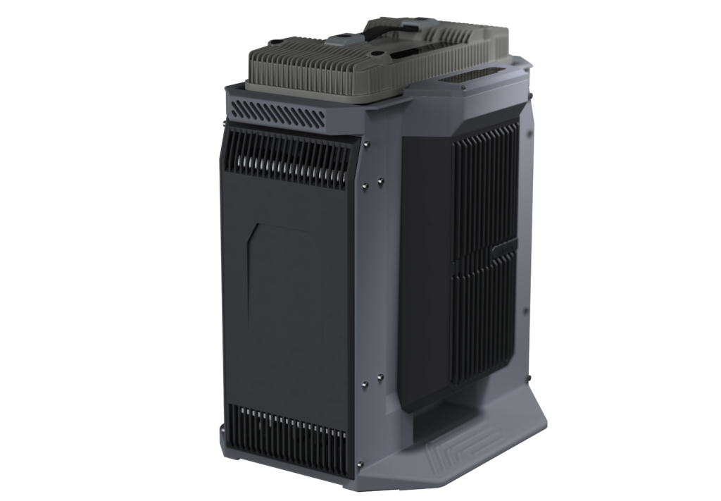 Tall industrial charger chassis with a large finned heatsink on top and side cooling vents, in dark gray.