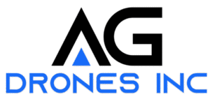 AG Drones Inc logo on a blue background, featuring a black stylized 'AG' with a blue triangle and blue text 'DRONES INC'.