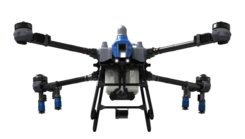 Front view of a hexacopter drone with a blue nose and exposed landing gear.
